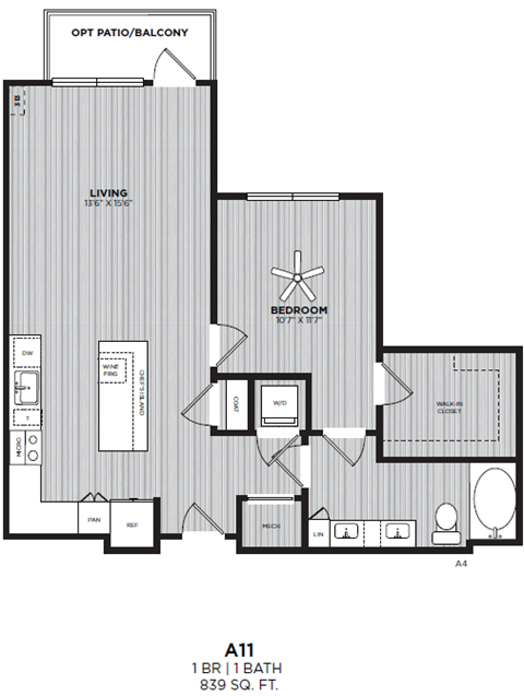 Floor plan for 1 bed, 1 bath, 839 sqft